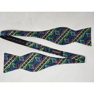 HISDERN HANDMADE SILK BOW TIE BLUE GREEN YELLOW ORANGE JACQUARD 2.75"